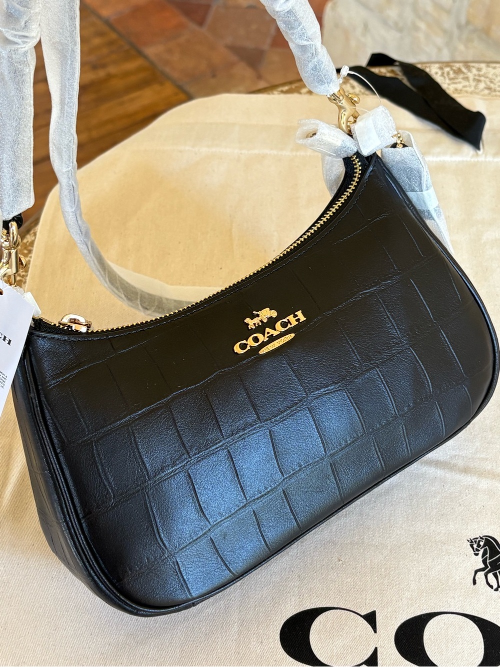 Coach Black Croc-Embossed Leather Shoulder Hobo with Gold Hardware
